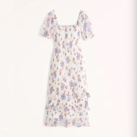 abercrombie smocked puff sleeve midi dress Abercrombie & Fitch Poplin Puff Sleeve Midi Dress Tiered Size Small